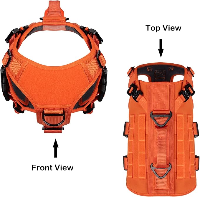 ICEFANG No Pull Tactical Dog Harness for Medium Dogs,Adjustable Dog Vest | Control Handle,MOLLE Panel,Front Hook,3 Leash Clips,Soft Padded,for walking training,Orange,Medium