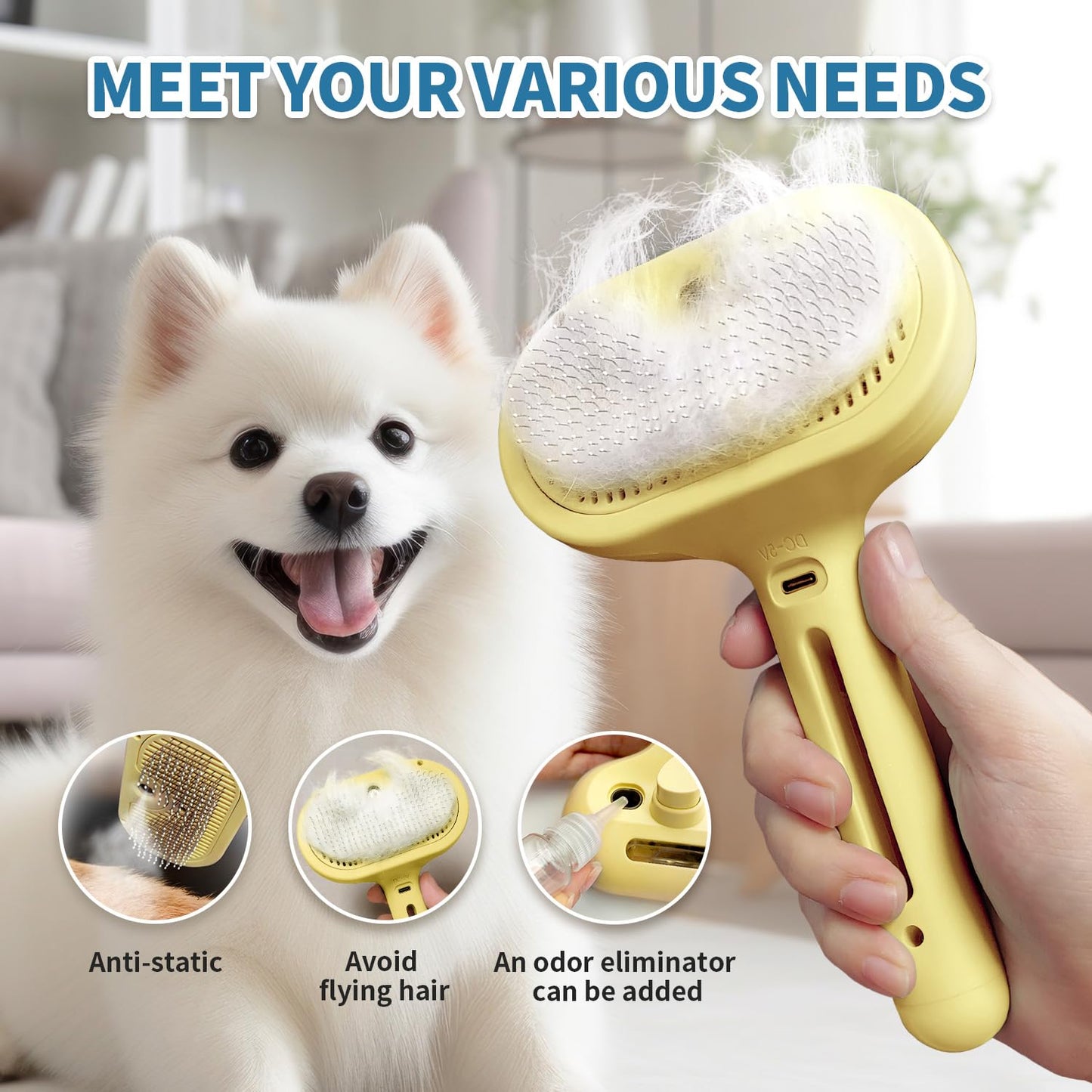 3 In 1 Self-Cleaning Steamy Brush for Pet Grooming - Anti-Static Flying Hair Spray, Removes Loose Hair and Reduces Shedding for Long and Short Fur, Yellow