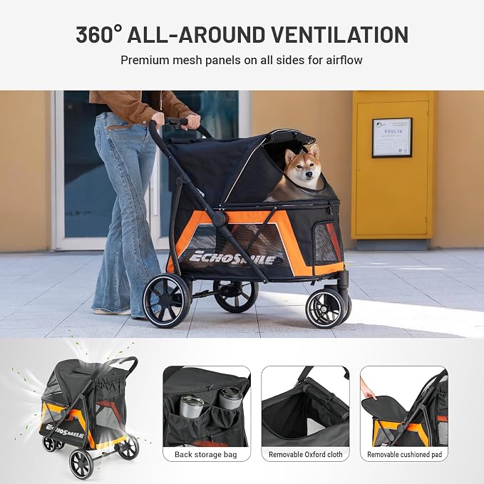 EchoSmile Dog Stroller for Medium & Small Dogs, Foldable Pet Stroller with 3 Wheels & Brakes, All-Terrain Cat Dog Carrier with Breathable Mesh, Safety Leash and Storage Pocket, Black