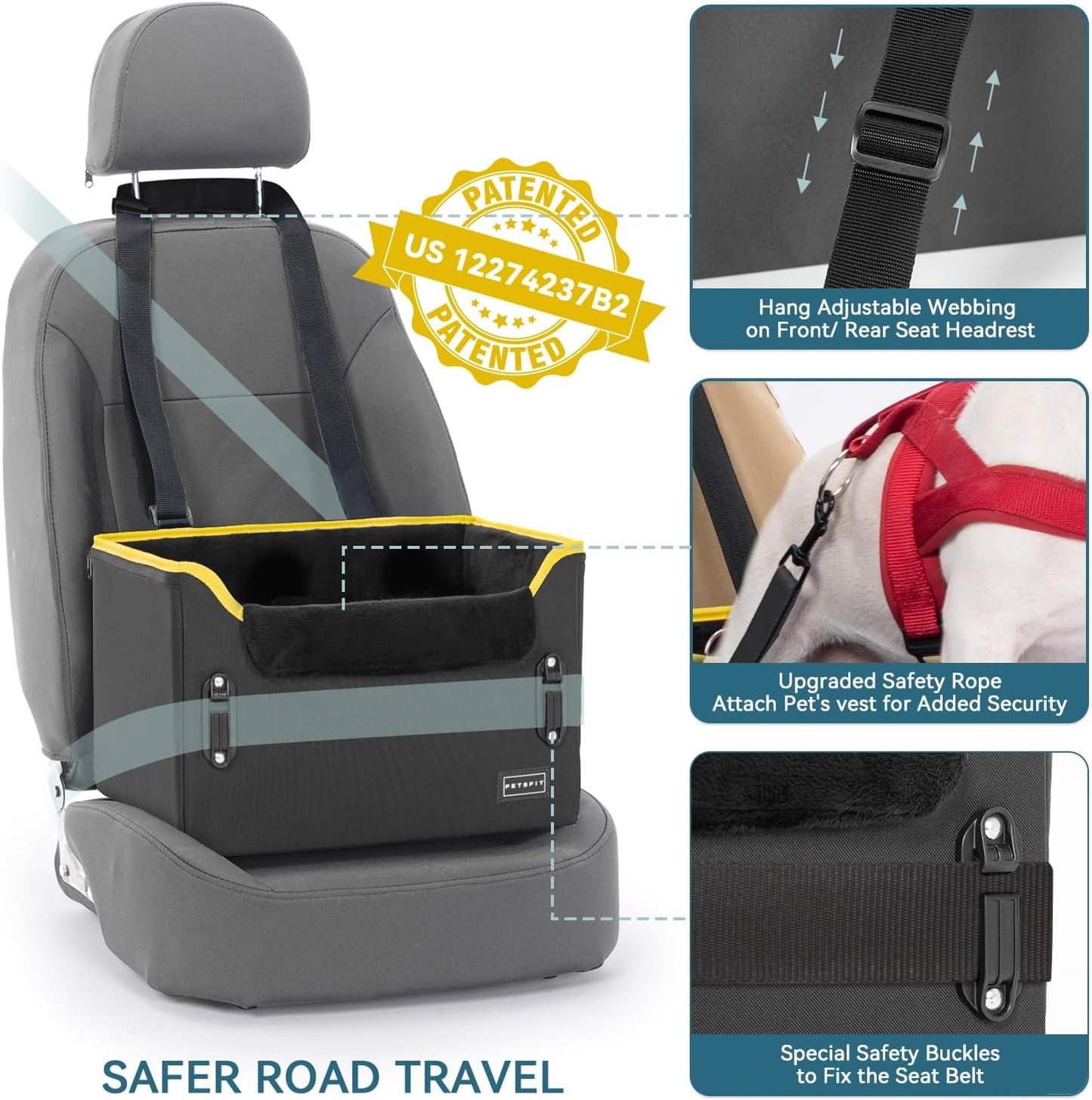 PETSFIT Small Dog Car Seat, Patent Safety Buckles Car Seat for Dogs, Puppy Car Seat with Safety Belt, Suitable for Small Pets Up to 25lbs (Black)