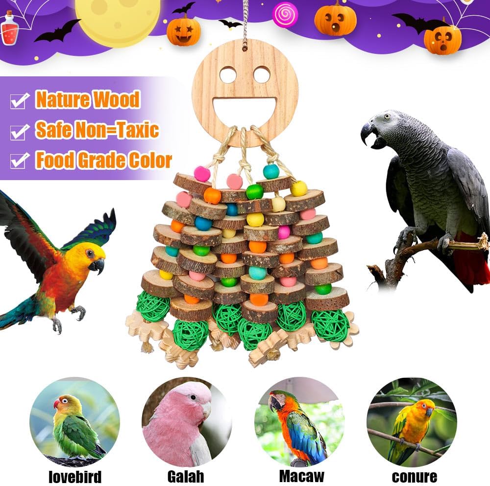 Large Parrot Toys, Multi-Color Wooden Block with Halloween Shape Bird Chewing Toy for Macaws, Cockatoos, African Grey and Large Medium Parrot Birds