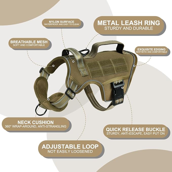 Dog Harness, Tactical No Pull for Small Sized Dog with Handle | Breathable Soft Padded, Adjustable, Reflective, Molle System, Heavy Duty, No Choke for Walking Training, Khaki Small