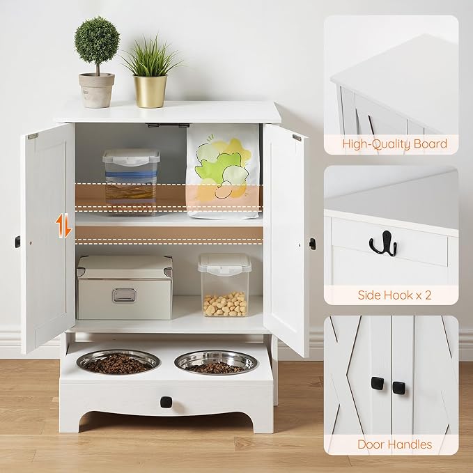 HOOBRO Dog Feeding Station with Storage and Hooks, Dog Food Storage Cabinet with Feeding Bowls, Pet Feeding Station with Sliding Drawer and 2 Hidden Bowls for Dog & Cat, White WT12PO03G1