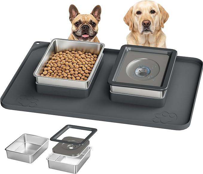 Dog Bowl Set, No Spill Dog Water and Food Bowl with Silicone Mat | Large Capacity 304 Stainless Steel Bowls, 2-In-1 Set, Slow Drinking, Anti-Slip Silicone Feeding Mat, Home/Travel, 6-7 Cups