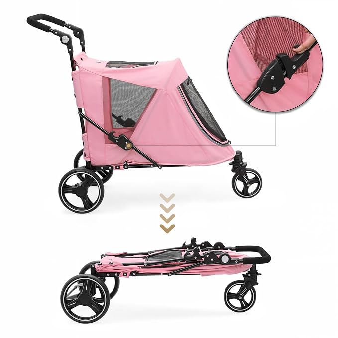 MoNiBloom Pet Stroller for Large Dogs or Dogs Cats up to 55 lbs, Pink | with Adjustable Handle, 3-Wheels Dual Entry Portable Dog Carting Easy Folding Pet Wagon Double Multiple Dog Stroller