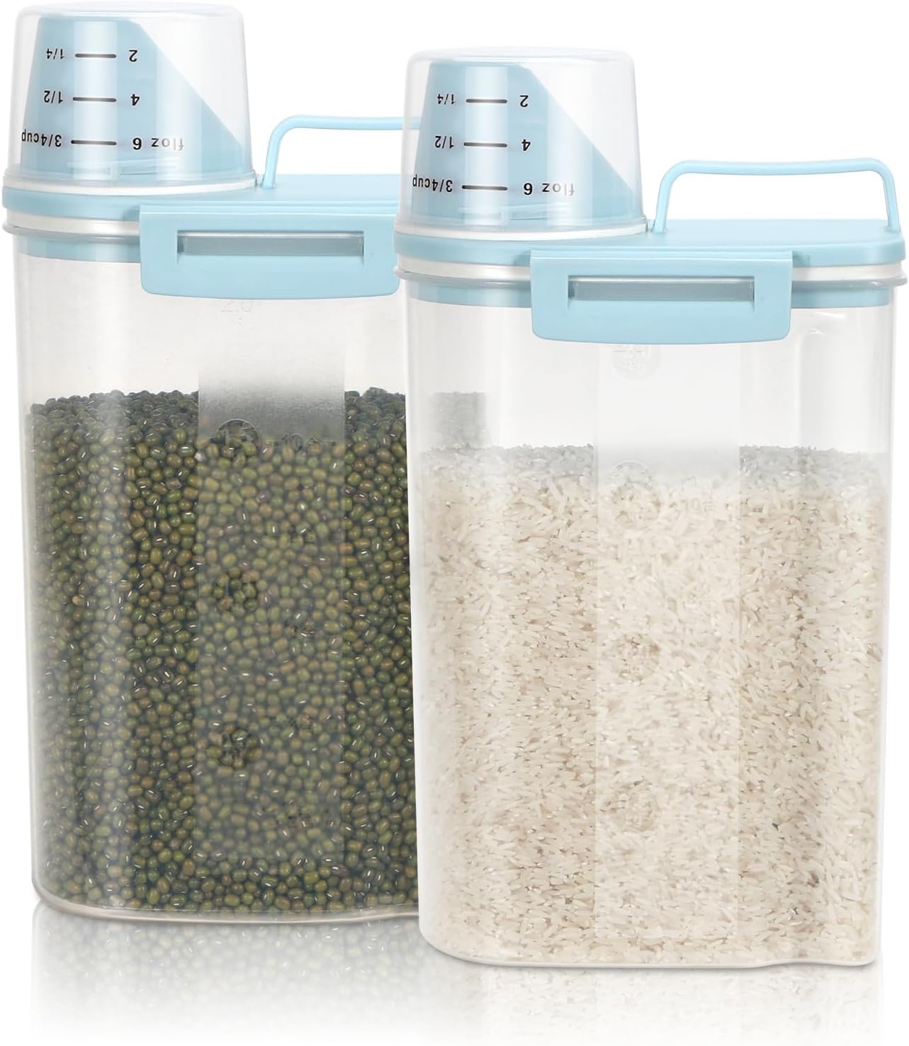 TBMax Rice Storage Container 2 Pack, Plastic Kitchen Pantry Food Storage Container with Cup, Small Pet Dog Cat Food Container Dispenser - Sky Blue