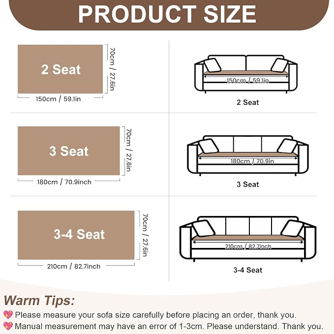 OTOB Sofa Covers for 3 Cushion Couch Washable, All Seasons Fuzzy Non Slip Kids & Pet Friendly Dog Bed Mats Couch Cover, Soft Plush Sofa Slipcovers Furniture Protector (Khaki, 27.6" x 70.9'')