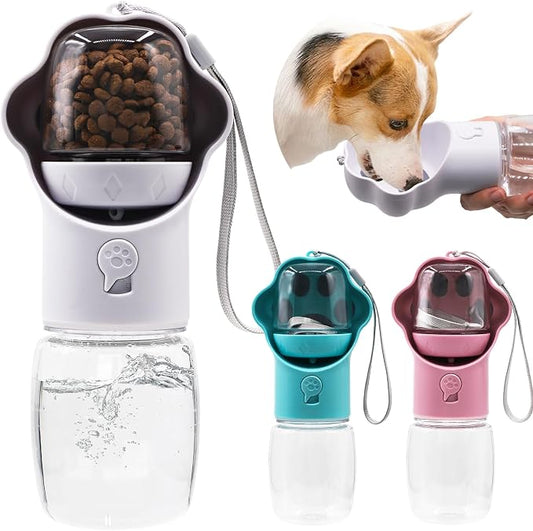 Dog Water Bottle with Food Container, Portable Pet Dispenser, Leak Proof, Hiking, Puppy Travel, Outdoor Activities(11.16 fl.oz/330ml, White)