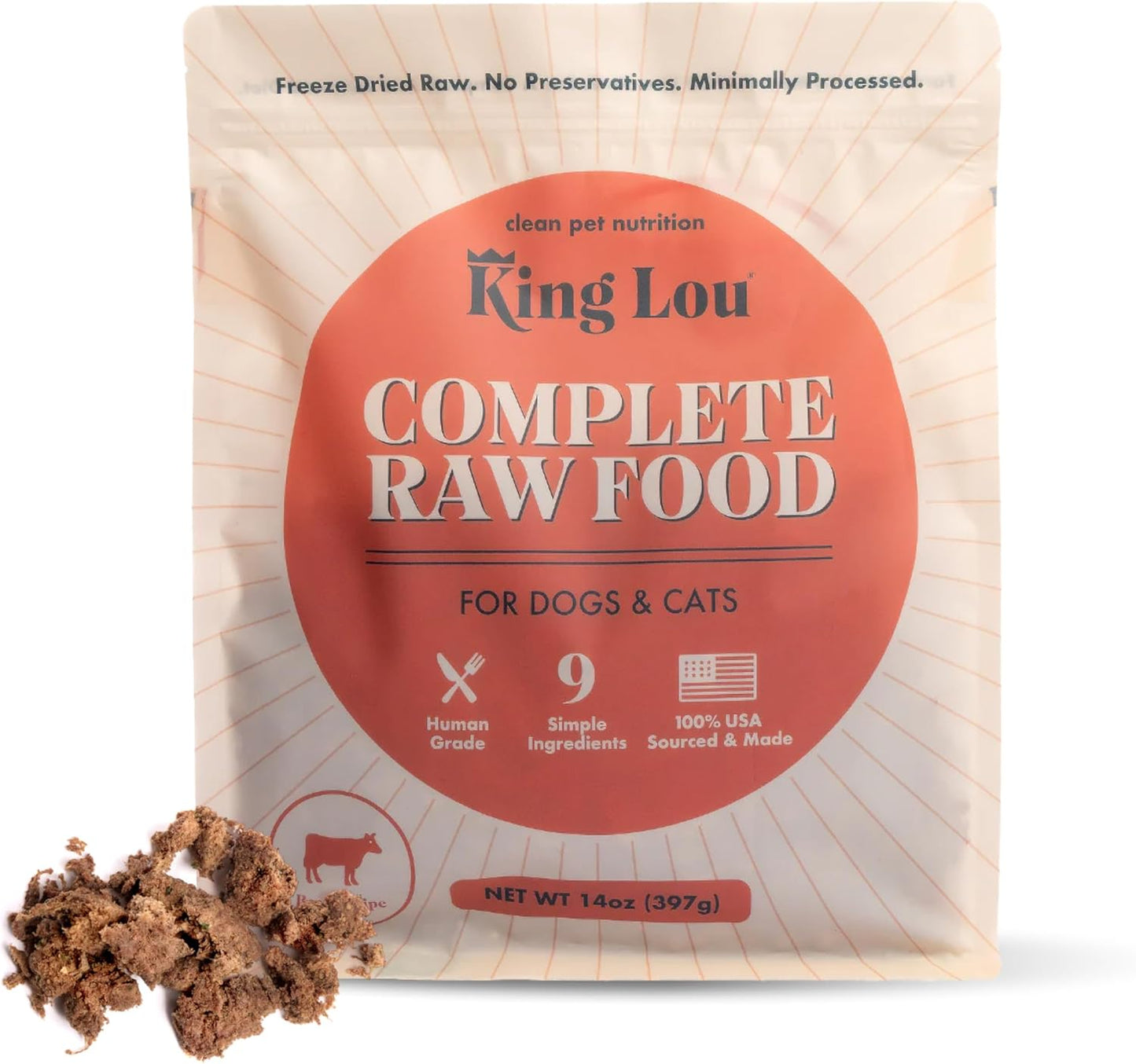 King Lou Pets - Human Grade Raw Food for Dogs and Cats - Complete Meal for Pets - Freeze Dried Beef Recipe - 14oz