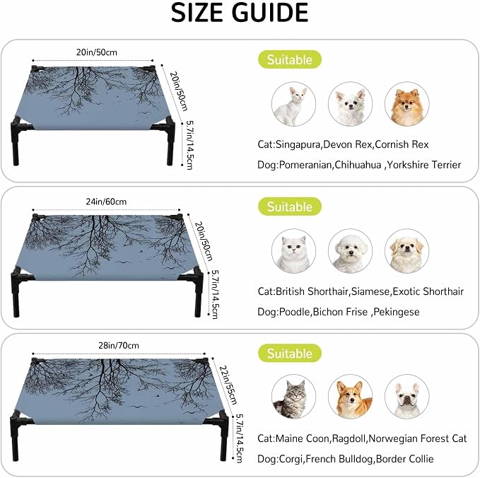 Outdoor Elevated Dog Bed for Large Dogs, Blue Black Branches Breathable Cooling Raised Dog Cot for Indoor/Outdoor, Botanical Dead Tree Birds Waterproof Elevated Pet Beds, L 28 x 22 in