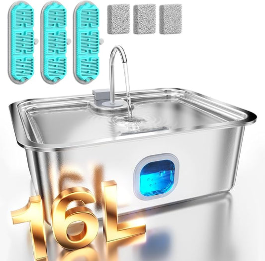 4.2Gal Dog Water Fountain for Large Dogs, 16L Stainless Steel Large Dog Fountain Water Bowl with Deeper & Wider Drinking Tray, Automatic Pet Water Dispenser with Visible Window (with 3 Filters)