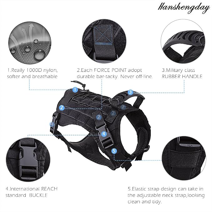 Tactical Dog Vest with Pouches, Adjustable Heavy Duty Nylon Harness for Medium Large Dogs, Service Outdoor Training Military Vest Harness with Molle System and Handle