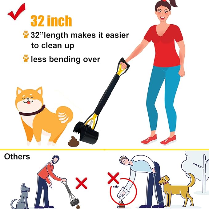 ienjoyed 32" Large Dog Pooper Scooper for Large Dogs Heavy Duty, Non-Breakable Dog Poop Scooper with Wide Handle for Grass, Gravel, Durable Dog Poop Pick Up Tool, Long Handled Poop Grabber | 32-inch Long Handle