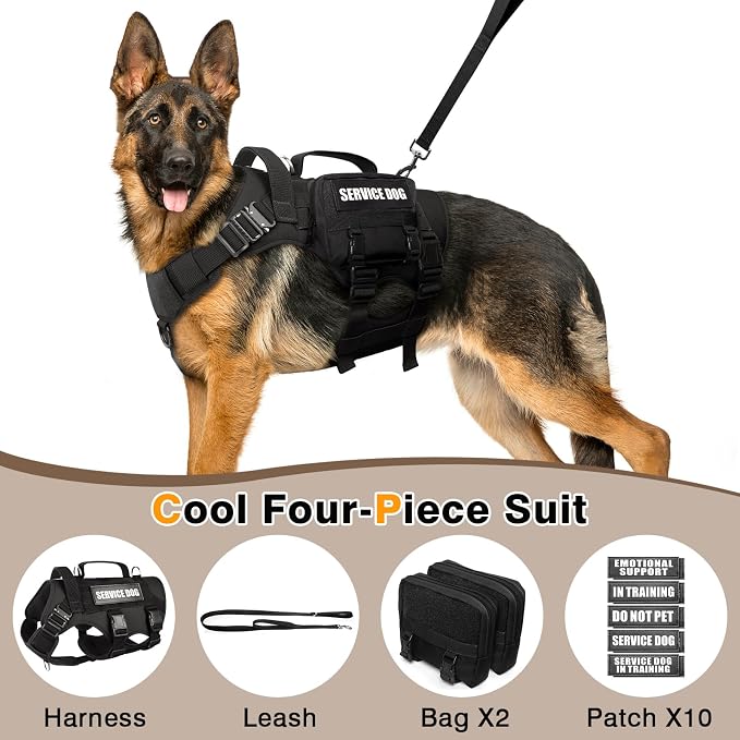 Tactical Dog Harness with Dog Leash, Service Working MOLLE Vest with 10 Pet Patches for Large Dog, No Pull Military Harness and Backpack for Training Hunting Walking