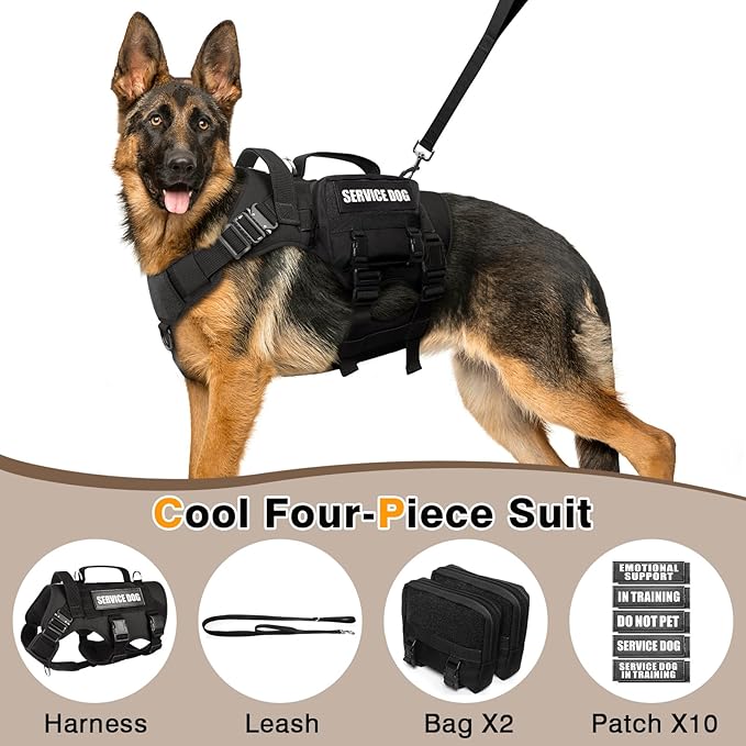Tactical Dog Harness with Dog Leash, Service Working MOLLE Vest with 10 Pet Patches for Large Dog, No Pull Military Harness and Backpack for Training Hunting Walking