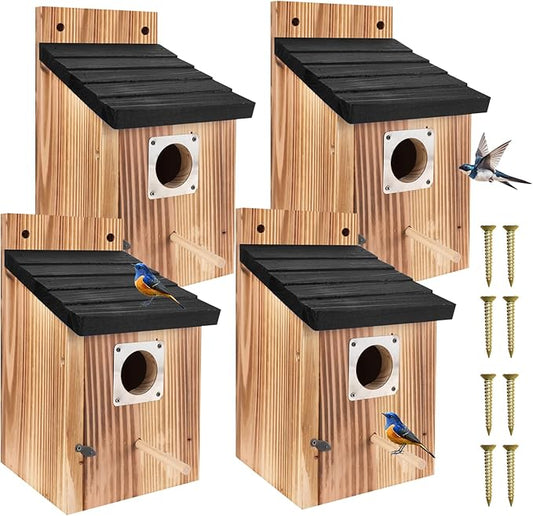 4-Piece Outdoor Bird House Set, Bird Houses for Outside with Metal Guards, Safety Locks, Flight Slots, & Ventilation, Bluebird Houses with 1-1/2" Entrance for Bluebirds, Wrens, Finches-Black