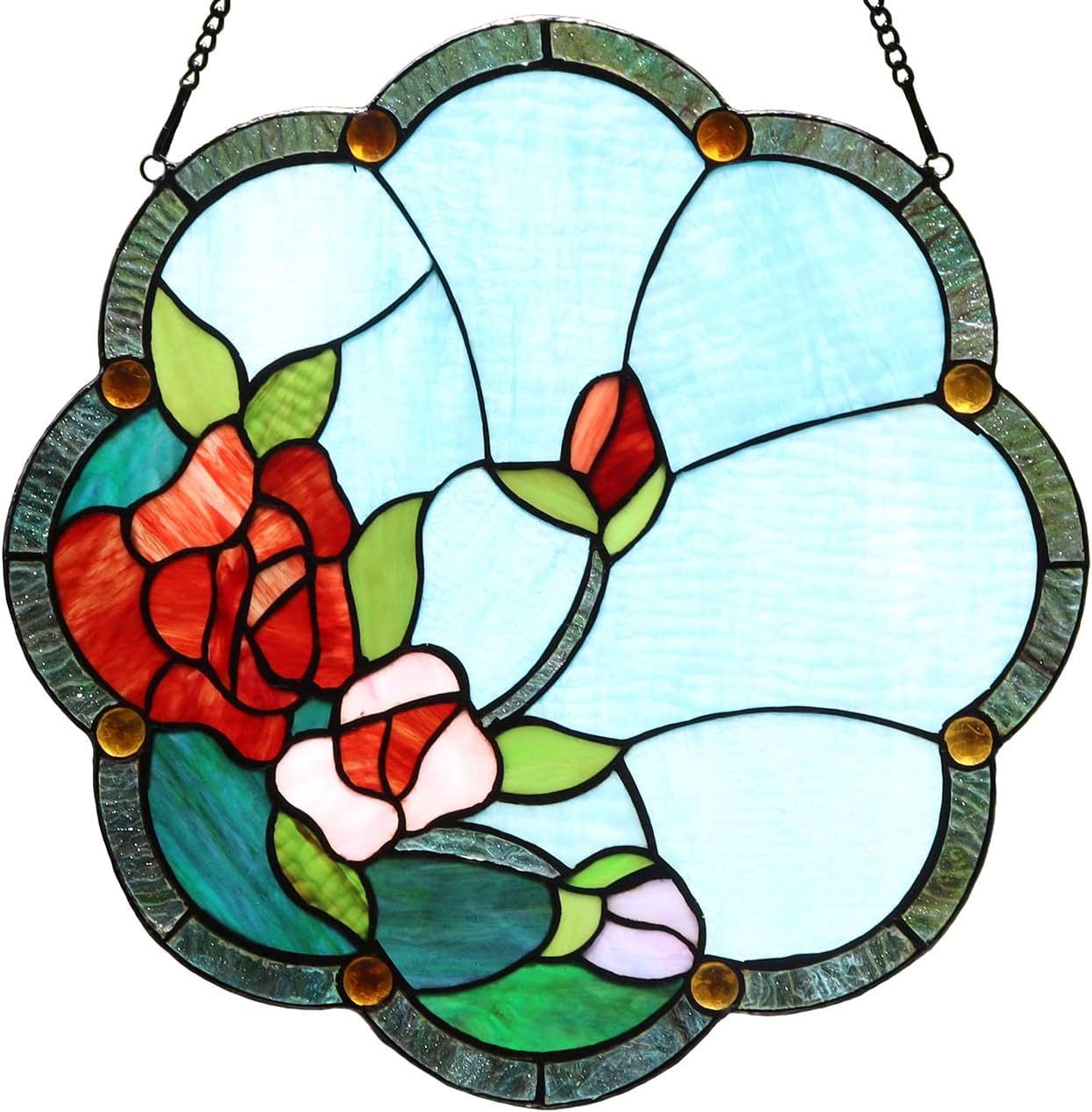 Bieye W10058 Rose Flower Tiffany Style Stained Glass Window Panel with Chain, 16-inch Wide