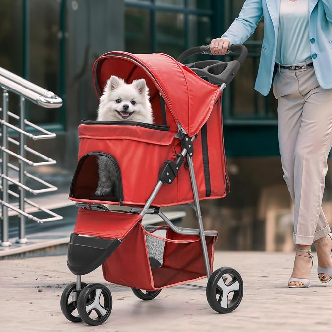 Magshion 3-Wheel Pet Stroller, Foldable Travel Jogger for Small & Medium Dogs & Cats (Up to 33lbs), Lightweight Carrier with Breathable Mesh Cover, Cup Holder & Storage Basket, Red