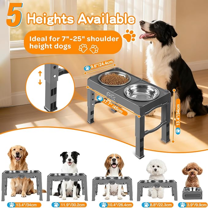 COMESOON Elevated Dog Bowls, 5 Adjustable Heights (3.9"-13.4") Raised Dogs Food Bowl Stand for Medium Large Sized Dogs, Non-Slip Foldable Travel Pet Feeder Grey with Stainless Steel Bowls