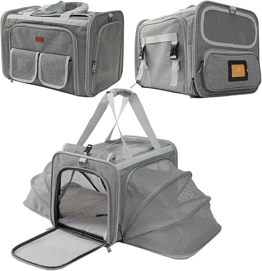 Cats Carrier for Small Dogs Puppy Cat Bag Expandable,Airline Approved,2 Sides Expand,Rabbit Bunny Pets Carriers Small Animals Travel Outdoor Carry Kennel (Grey)