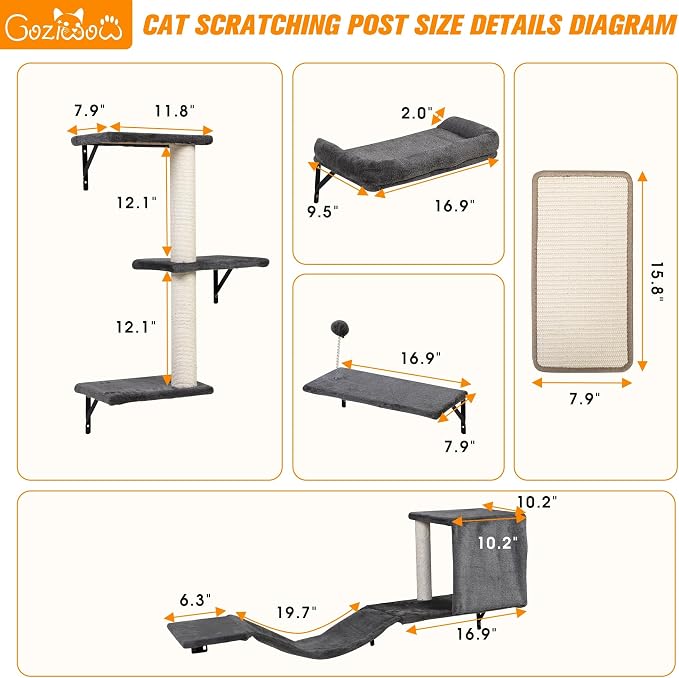 5 Pcs Wooden Indoor Cat Climber - Wall-Mounted Shelves, Perches, Scratching Board, Cat Ladder & Cat Tree - Grey