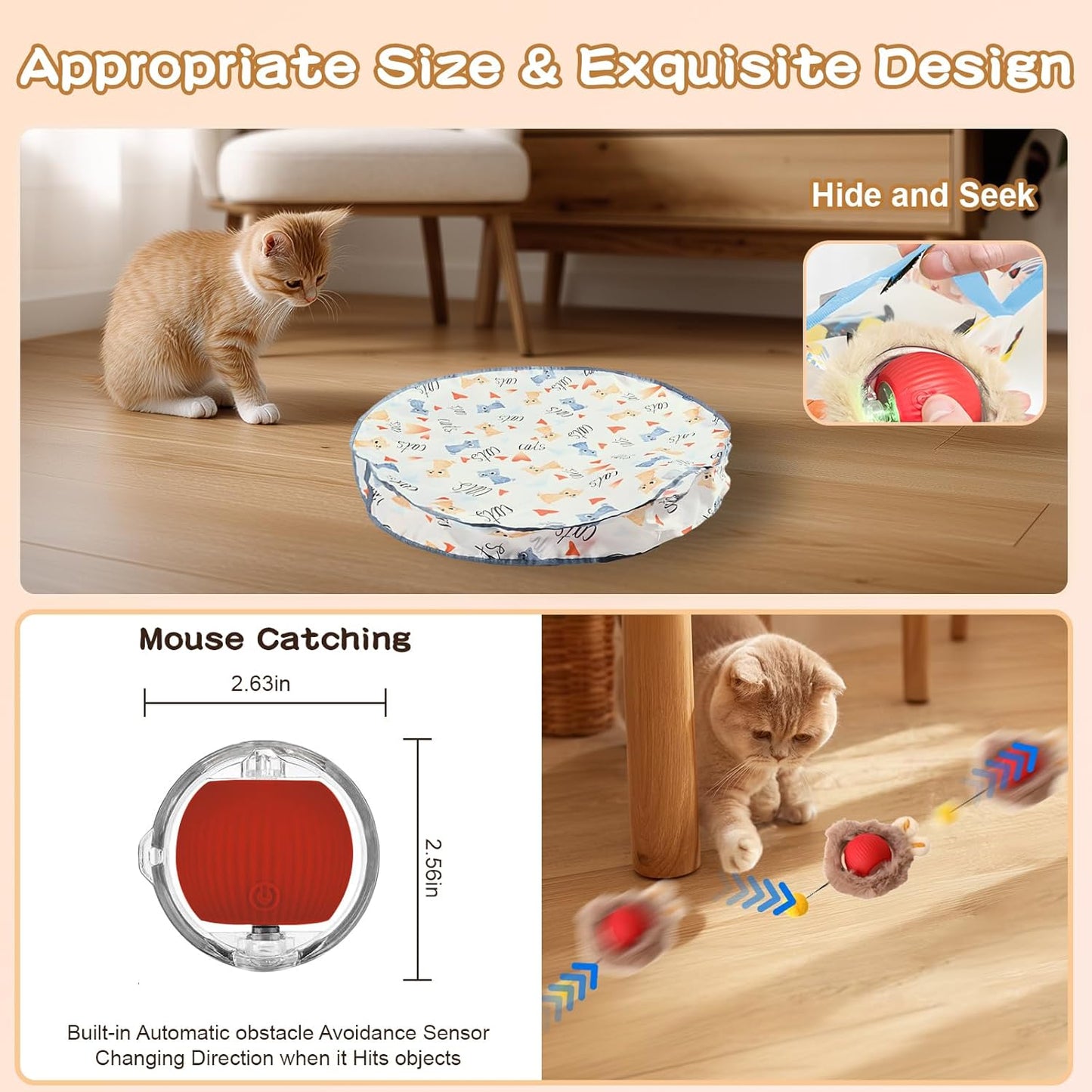 Rocfish Interactive Cat Toys Ball - Automatic Fast Rolling Ball in Play Mat, Hide and Seek Mouse Catching Game, Low-Noise Cat Enrichment Toys in Pouch for Indoor Bored Cats (Red Toy & Round Mat)