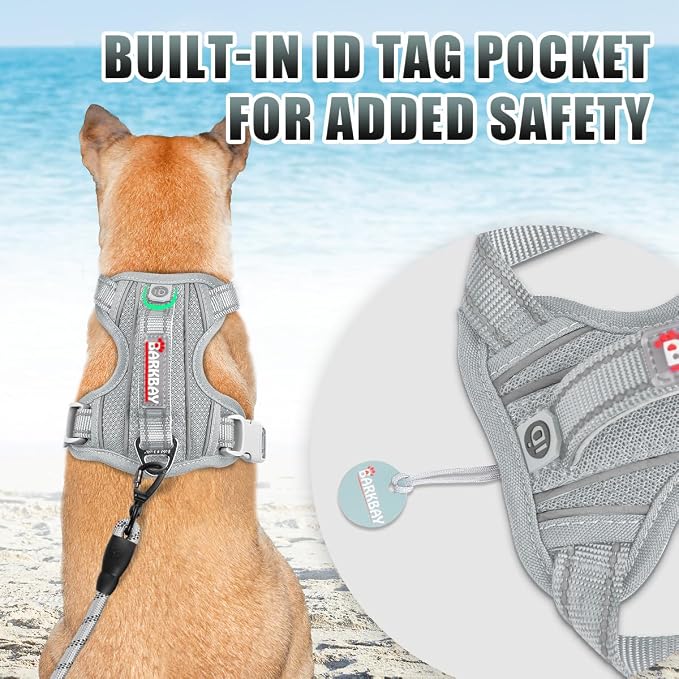 BARKBAY No Pull Dog Harness Large Reflective Dog Harness with Front Clip and Easy Control Handle for Walking Training Running with ID tag Pocket(Grey,XL)