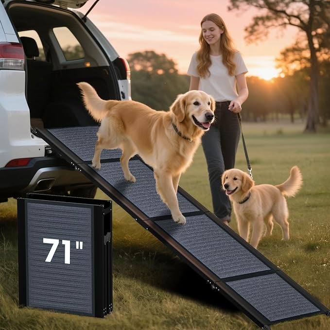 HBTower 71" L x 17.3" W Folding Dog Car Ramp for Large Dogs Up to 250 LBS | Extra Wide Dog Car Ramps, Portable Pet Ramp with Non-Slip Surface, Collapsible Design for SUV, Truck & High Beds