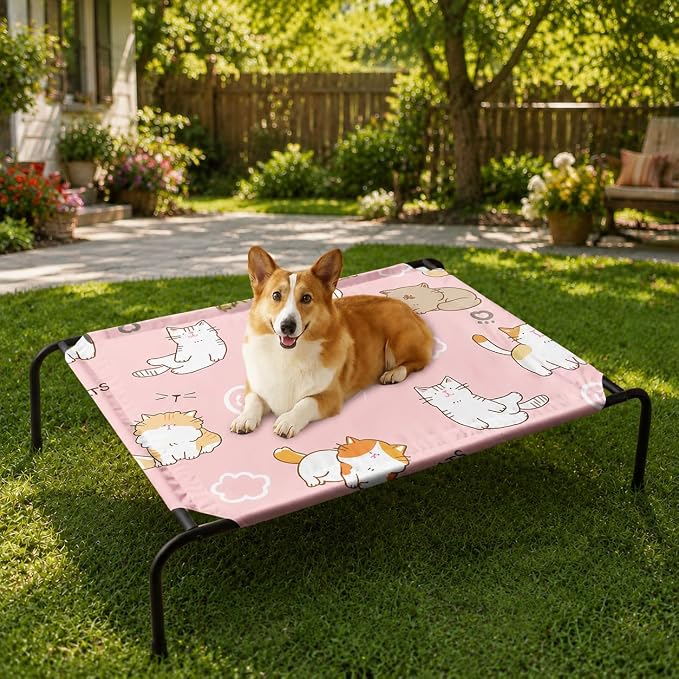 Kawaii Cat Pattern Orthopedic Elevated Dog Pet Bed(35"X25"X8"),with Metal Frame,Printing Breathable Waterproof Dog Kennel,Sleeping Bed Set for Small Medium Large Dogs Cats,for Home,Outdoor Use
