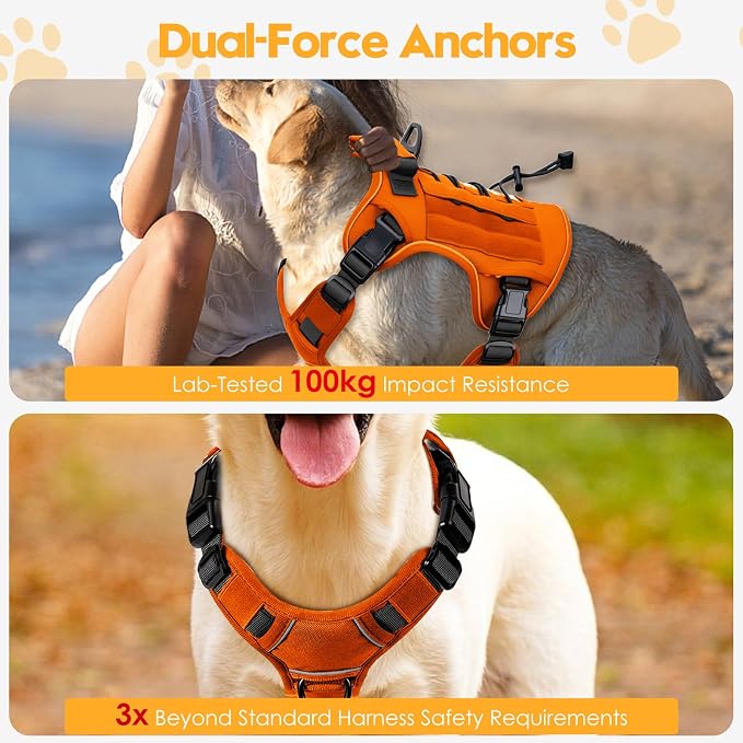 Heavy-Duty Tactical Dog Harness for Large Dogs, No Pull Adjustable Reflective Pet Vest with Molle System, K9 Military-Grade Control for Service Training, Outdoor & 10+ Breeds, Orange, Small
