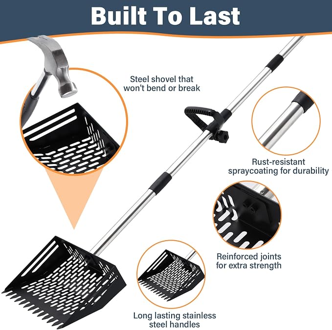 Linidcoud Chicken Poop Scooper, 10 Inch Metal Long Handle Chicken Coop Sand Pooper Scooper & Rake Adjustable Length, Durable Dog Pooper Scooper for Yard Farm Coop Accessories(Black)
