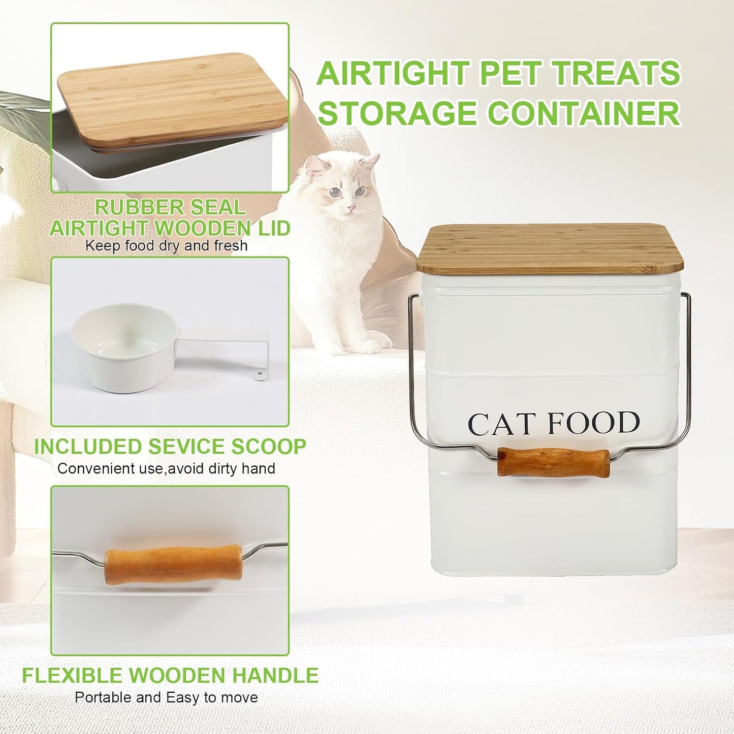 Cat Food storage container Cat Treats Jar,5~6 lb Metal food treats tin for Cat, pet snacks Canisters with wooden lid/handle/sevice scoop-White