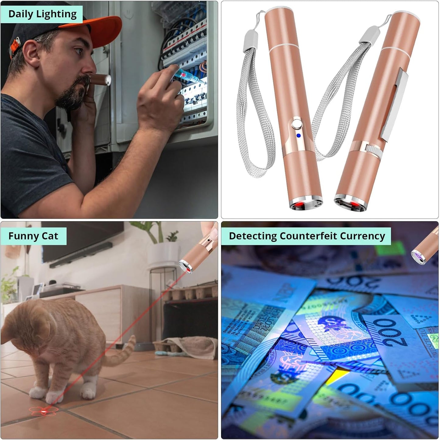 TBTeek Cat Toys for Indoor Cats, 2 Pieces, Rechargeable, 7 Adjustable Patterns, Interactive Kitten Pet Dog Red Dot Chase Light Toy for Cats Fun Playing Exercise(Rose Gold)