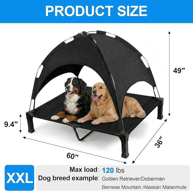 Elevated Dog Bed with Canopy Raised Pet Cot for Large Dogs, Outdoor Dog Cot with Removable Sun Shade Tent, Breathable Mesh Portable Dogs Cot for Camping, Beach, Backyard, Outdoor Use