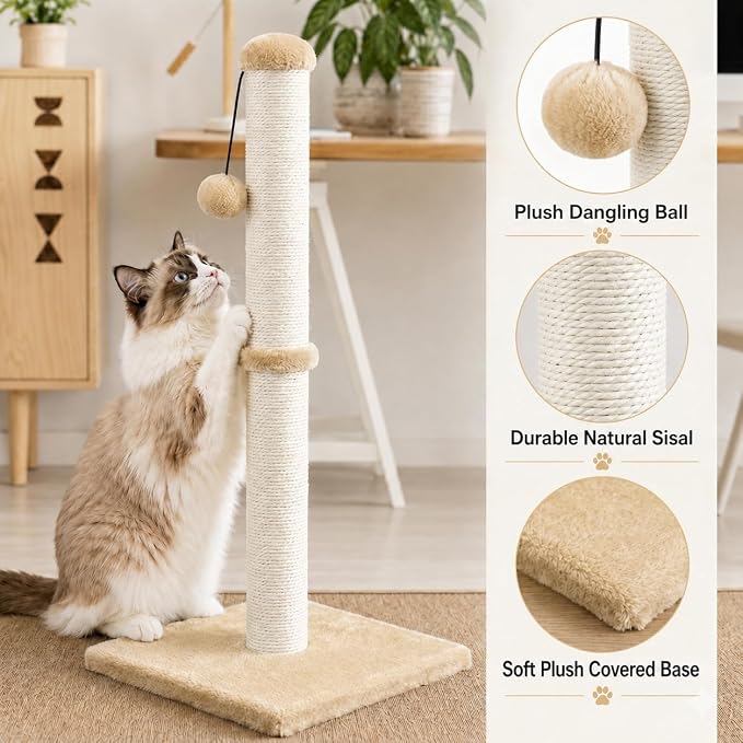 Dimaka 34" Height Tall Cat Scratching Post, Claw Scratcher with Sisal Rope and Covered with Soft Smooth Plush, Vertical Scratch [Full Strectch] (Light Brown, 34 inches for Large Cats)