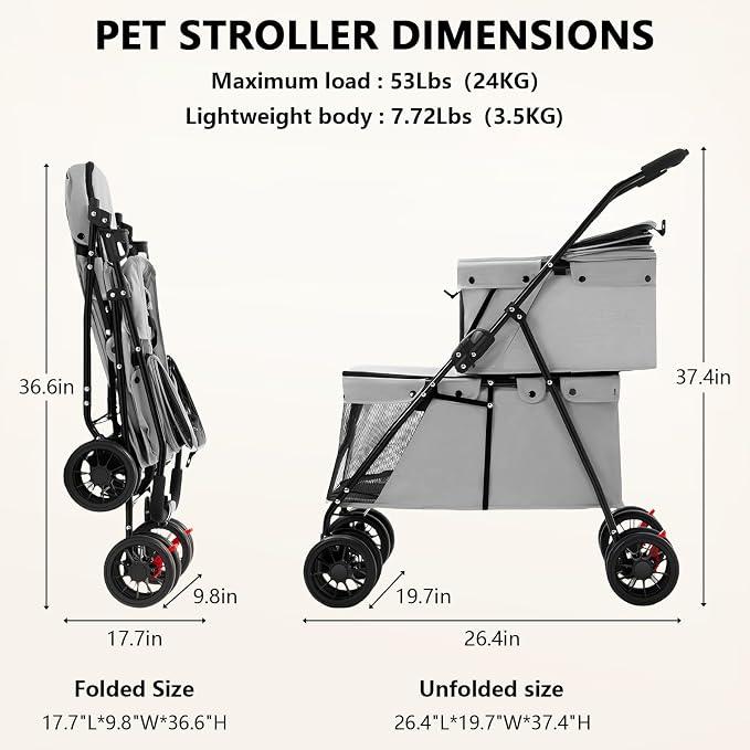Double Pet Stroller for Medium Small Dogs and Cats with 2 Carriage, Durable Universal Wheels with Brakes Lightweight One Hand Foldale Kittens Puppies Travel Strolling Cart (Gray)