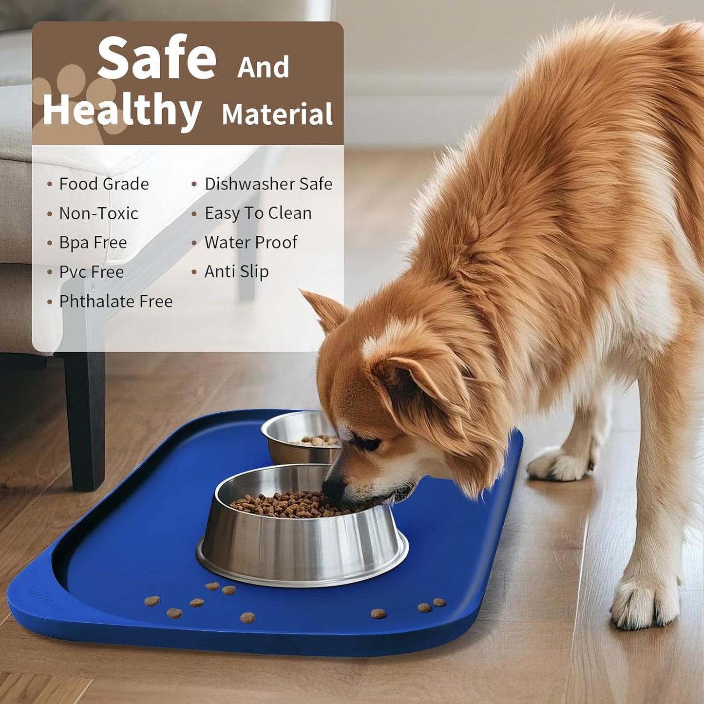 Silicone Pet Feeding Mat with Raised Edge & Residue Collection Pocket for Food and Water, Dog Bowl Mats, Cat Bowls Placemat with High Lip for Floor Waterproof, 22 x 14 x 0.8 Navy Blue