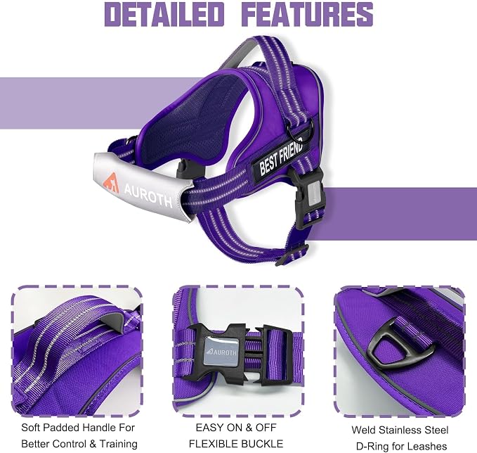 AUROTH Dog Harness for Large Dogs No Pull Tactical Harness and Leash Set | with Leash Clips, LED light clip, Breathable Mesh Padded No Choke, Easy Walking and Training, Purple, Large