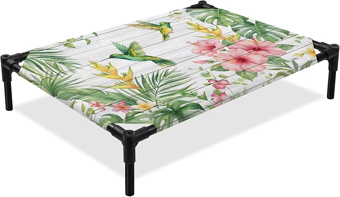 Outdoor Elevated Dog Bed for Medium Dogs, Summer Hummingbirds Breathable Cooling Raised Dog Cot for Indoor/Outdoor, Farmhouse Floral Palm Leaves Wooden Waterproof Elevated Pet Beds, M 24 x 20 in
