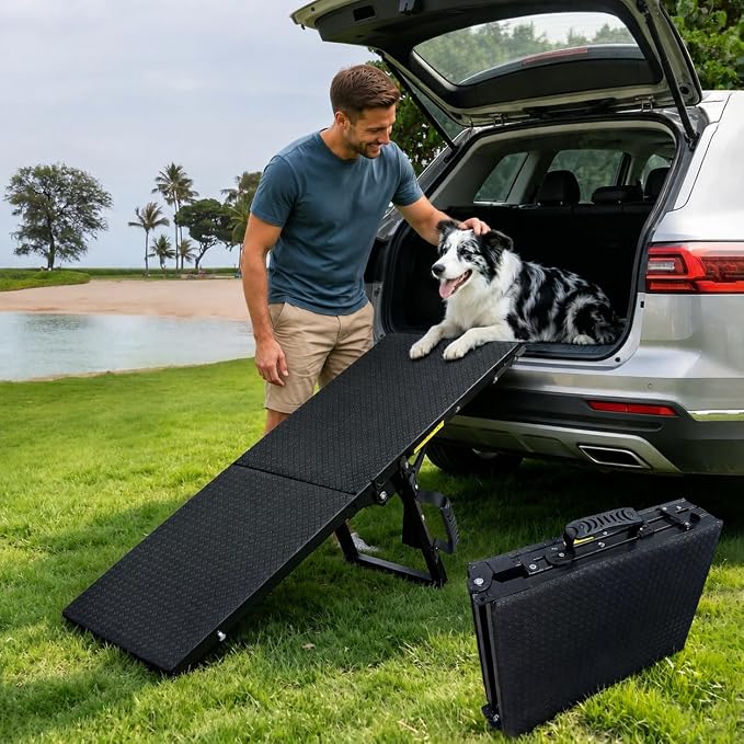 Dog Ramp for Car SUV, Adjustable Pet Ramp with Multiple Height Settings, Folding Portable Dog Ramp for Small Large Dogs, 90 lbs Capacity, Stairs for Bed Sofa and Vehicle