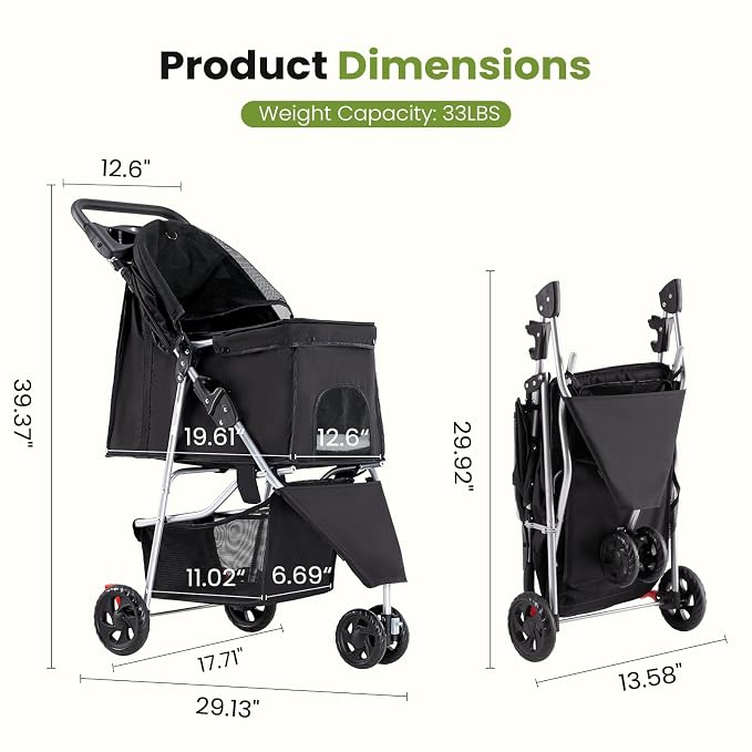 3 Wheel Pet Stroller for Dogs, Cats Stroller with Storage Basket and Cup Holders, Foldable, Lightweight and Durable, Ideal for Small to Medium Pets, Home Cleaning, Black