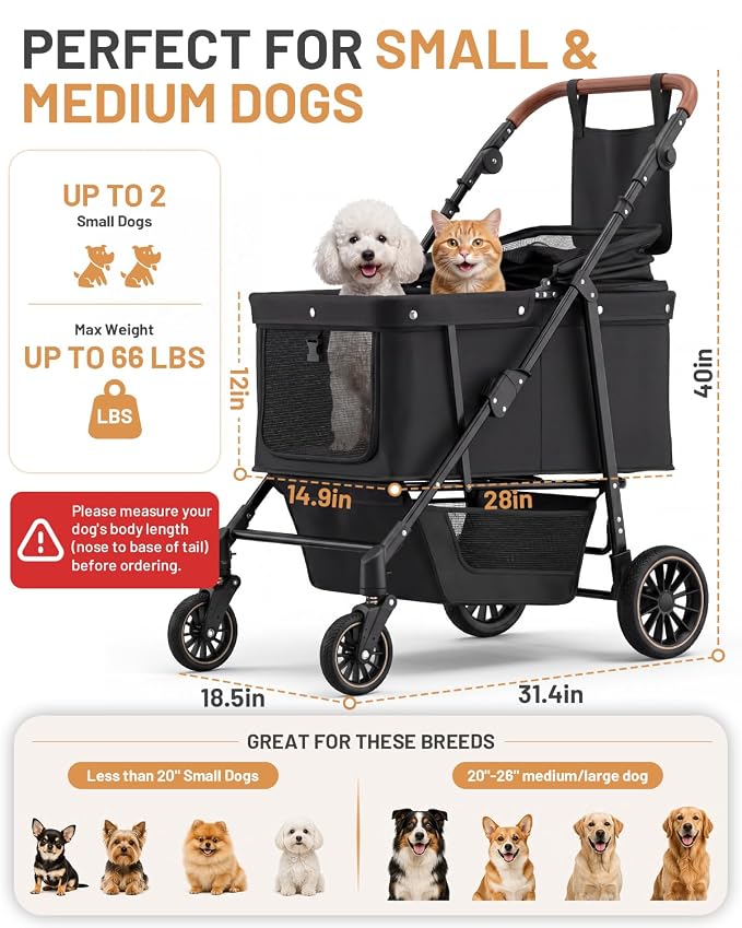 Dog Stroller for Large & Medium Dogs (Up to 66lbs), Pet Stroller for 2 Small Dogs with Adjustable Handle & Canopy, Sun Shades, Storage Organizer, Foldable & Ventilated,Black