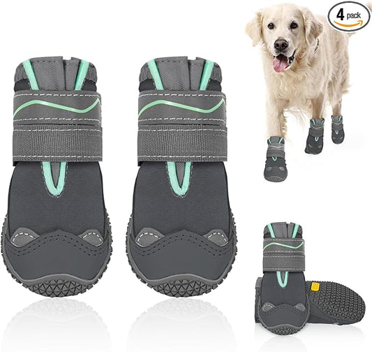 SlowTon Dog Shoes for Large Small Medium Dogs - Waterproof Dog Boots for Summer Hot Pavement, Paw Protector for Outdoor Walking Winter Snow, Anti-Slip Rubber Dog Booties for Hardwood Floor (GY, 4)