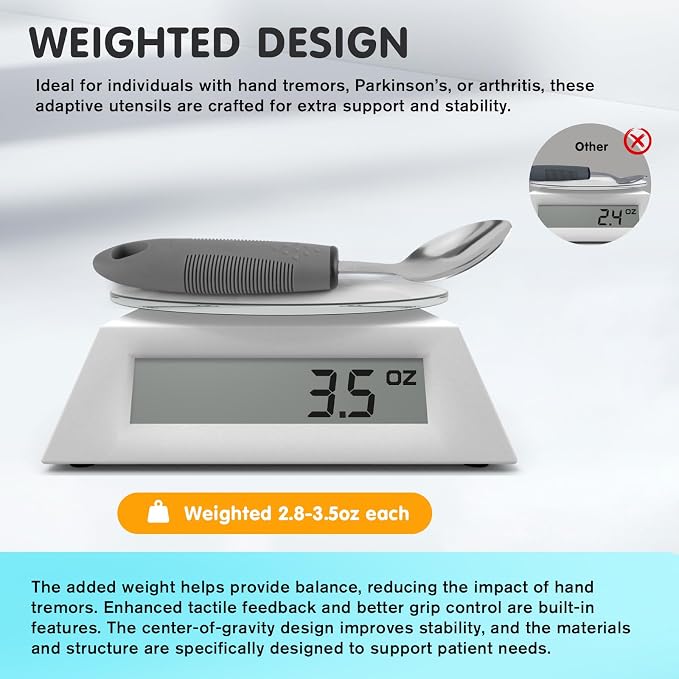 AuntyFey 4PCS Weighted Adaptive Utensils, Parkinsons Utensils for Hand Tremors, Elderly, 3.5oz Weighted Utensils for Tremors and Parkinsons Patients, Disabled (Gray, Straight)
