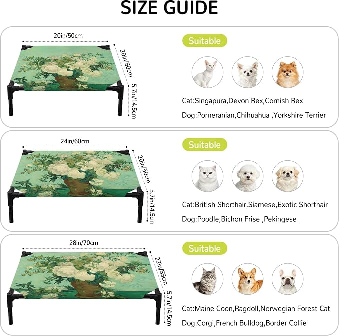Outdoor Elevated Dog Bed for Large Dogs, Botanical Flowers Breathable Cooling Raised Dog Cot for Indoor/Outdoor, Farmhouse Blossom Vase Floral Branches Waterproof Elevated Pet Beds, L 28 x 22 in