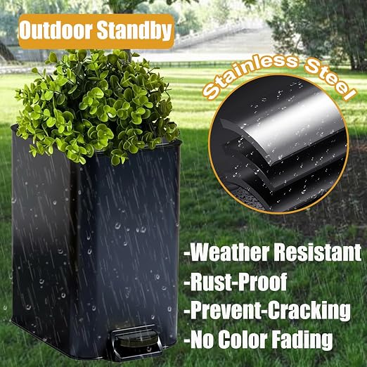 Yatmung Small Outdoor Trash Can for Dog Poop - Dog Waste Trash Can with Lid | Dog Poop Trash Can Outside with Pedal - Metal Trash Can with Plant Lid - 2.6 Gal Stainless Steel Garbage Bin - Black