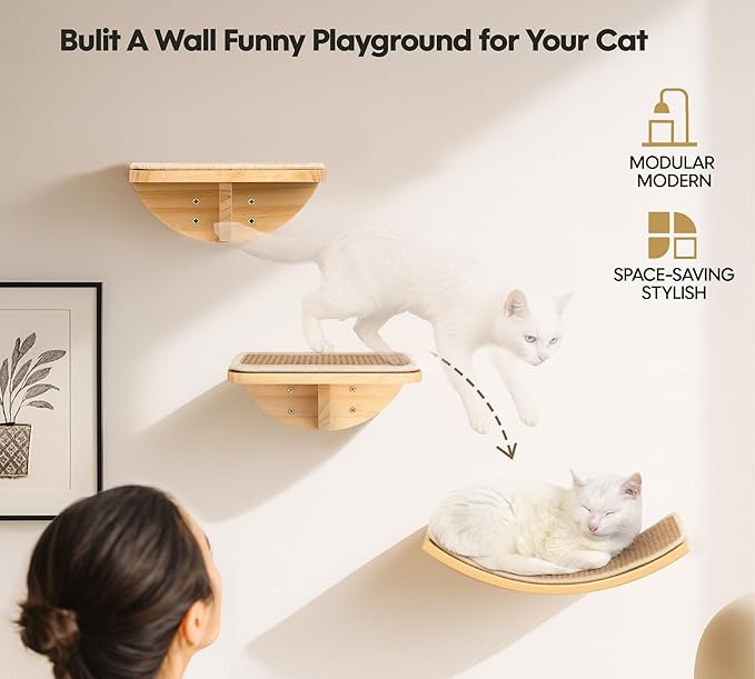 Wall Mounted Cat Steps 2 Pack – Square Wood Cats Shelves with Sisal Mat for Climbing, Jumping & Resting
