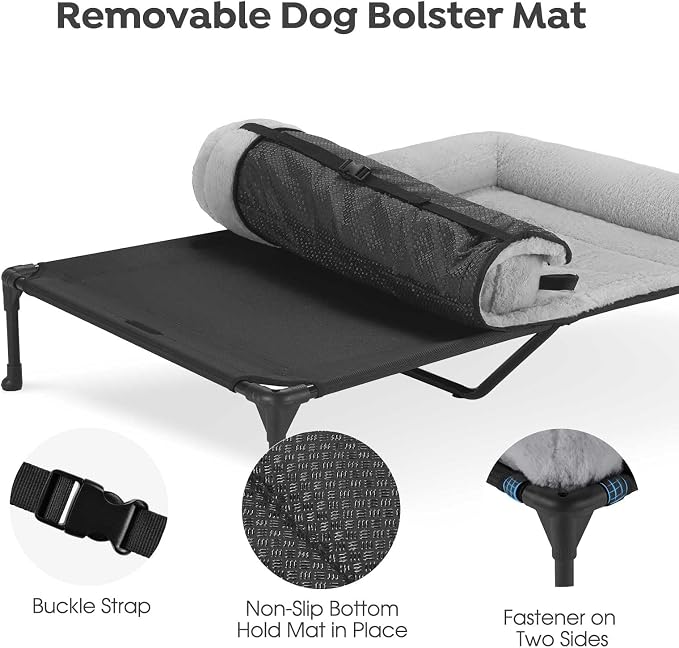 Veehoo Elevated Dog Beds Large Sized Dog with Fluffy Plush Bolster Cushion | Orthopedic Raised Dog Beds for Indoor Outdoor, Soft Pet Sofa Cot with Removable Washable Mat, No-Slip Feet, 49" x 33", Grey