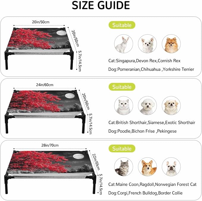 Outdoor Elevated Dog Bed for Small Dogs, Vibrant Red Tree Breathable Cooling Raised Dog Cot for Indoor/Outdoor, Glowing Moon Black Sky Waterproof Elevated Pet Beds, S 20 x 20 in