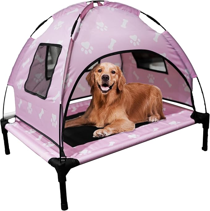 Elevated Covered Dog Bed - 36" x 36" x 30" - Dog Shade Canopy Lounger for Small & Large Dogs (Up to 110 lbs) - Portable & Durable - Cooling, UV & Water Resistant with Mesh Windows - Pastel Pink